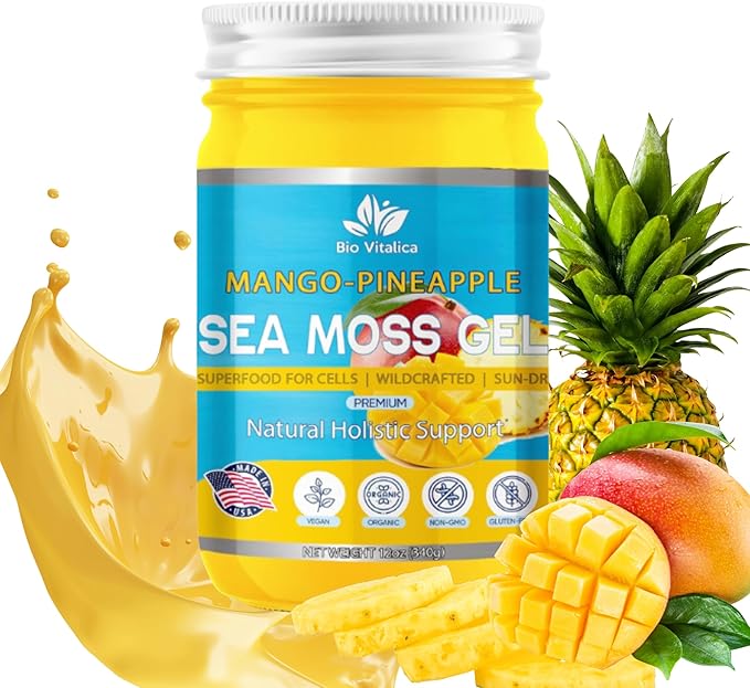 Sea Moss Gel by BioVitalica - Irish sea Moss raw Organic - Premium Quality - Dr Sebi, Vegan superfood for Cells - 100% Natural Seamoss Gel - (Pack of 1, Mango-Pineapple)