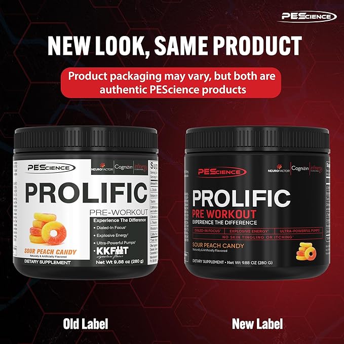 PEScience Prolific Pre Workout Powder for Men & Women with L-Citrulline Nitric Oxide Booster, Energy Powder & Nootropic for Focus – Preworkout Without Beta Alanine – 40 Scoops, Sour Peach Candy