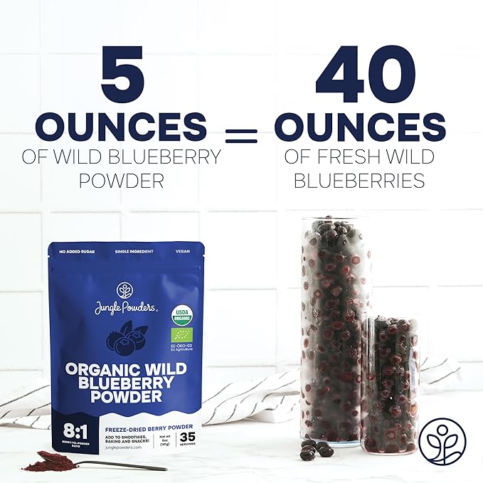 Jungle Powders Wild Blueberry Powder Organic 5 Ounce Bag USDA Certified - Antioxidant Rich Smoothies Freeze Dried Blueberries Organic Blueberry Extract for Baking From Whole Dried Organic Blueberries