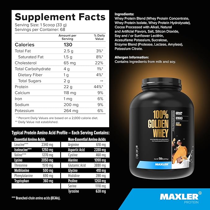 Maxler 100% Golden Whey Protein - 22g Protein per Serving - Premium Whey Protein Powder for Pre Post Workout - Fast-Absorbing Whey Concentrate Isolate Hydrolysate Blend - Chocolate Peanut Butter 5 lb