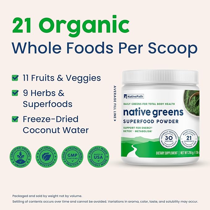 NativePath Native Greens Superfood Powder – Organic Greens, Spirulina, Beet Root Powder, Digestive Enzymes, Probiotics, Nightshade-Free, Naturally Sweetened, 30 Servings