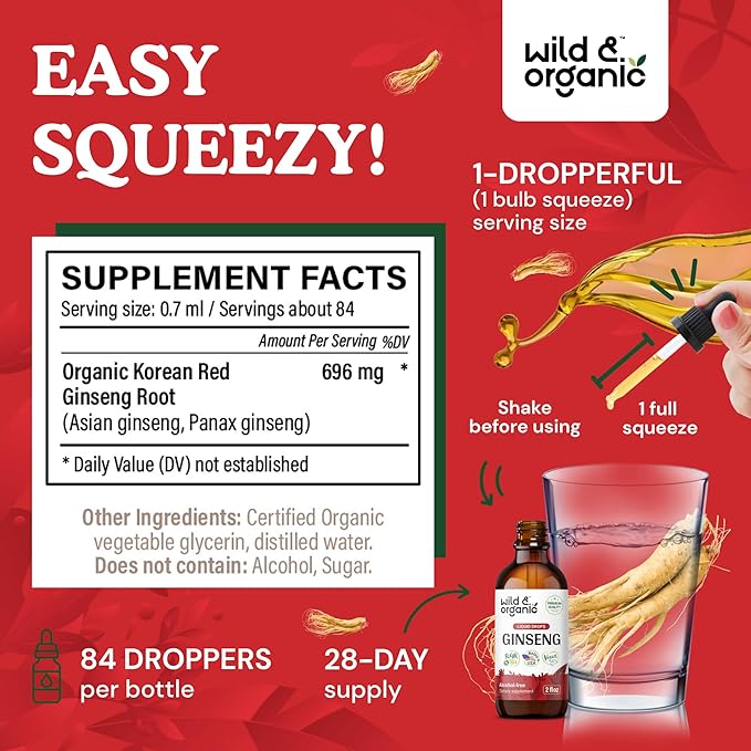 Wild & Organic Korean Red Ginseng Extract Drops - Panax Ginseng Supplement for Immune Support - Liquid Root Tincture for Overall Well-Being - Vegan, Sugar & Alcohol-Free - 2 fl oz