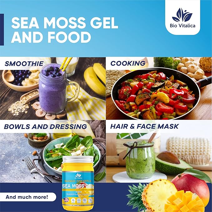Sea Moss Gel by BioVitalica - Irish sea Moss raw Organic - Premium Quality - Dr Sebi, Vegan superfood for Cells - 100% Natural Seamoss Gel - (Pack of 1, Mango-Pineapple)