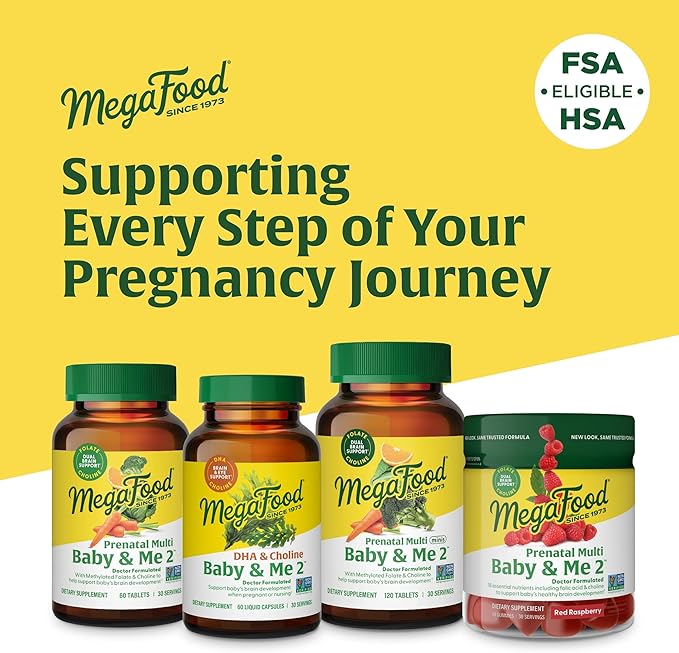 MegaFood Baby & Me 2 Prenatal Vitamin and Minerals - Vitamins for Women - with Folate (Folic Acid Natural Form), Choline, Iron, Iodine, and Vitamin C, Vitamin D and more - 120 Tabs (60 Servings)
