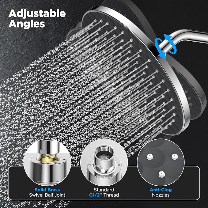 Rain Shower Head - High Pressure Massage Shower Head - 8 Inch Round Powerful Massaging Rainfall Showerhead, Adjustable Replacement for Your Bathroom Fixed Shower Heads