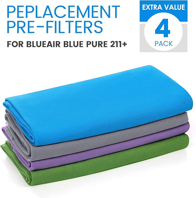 4 Pack 211+ Replacement Washable Pre-Filters for Blueair Blue Pure 211+ air purifier, Removes Pollen, Dust, Pet Dander, Color include Lunar Rock, Diva Blue, Lavender Purple, Forest green