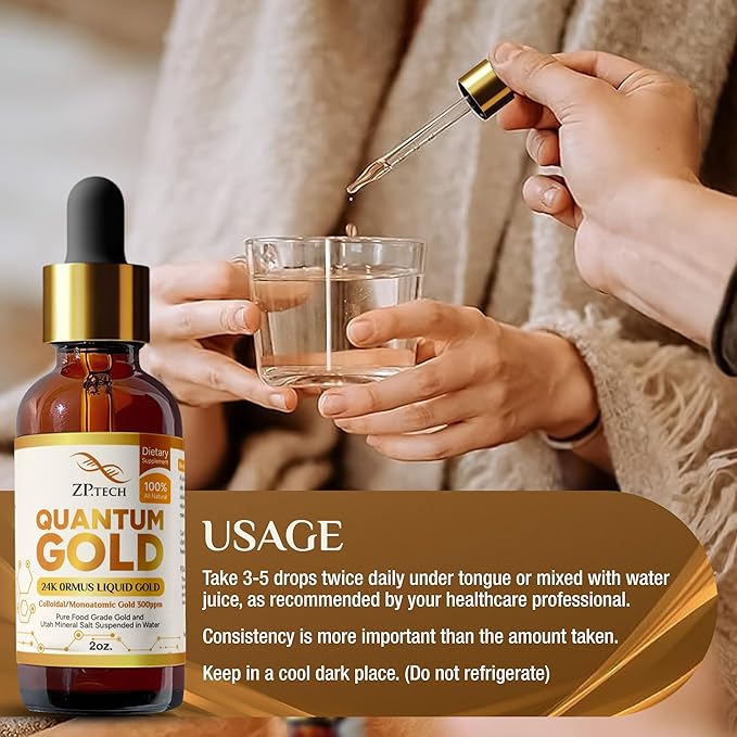 Quantum Gold 24K Ormus Gold Liquid | Pure Ormus Colloidal Monoatomic Gold Liquid and Utah Mineral Salts, 2oz. | Decalcify Pineal Gland, Supports Anti-Aging, Meditation, Yoga, Activate Third Eye.