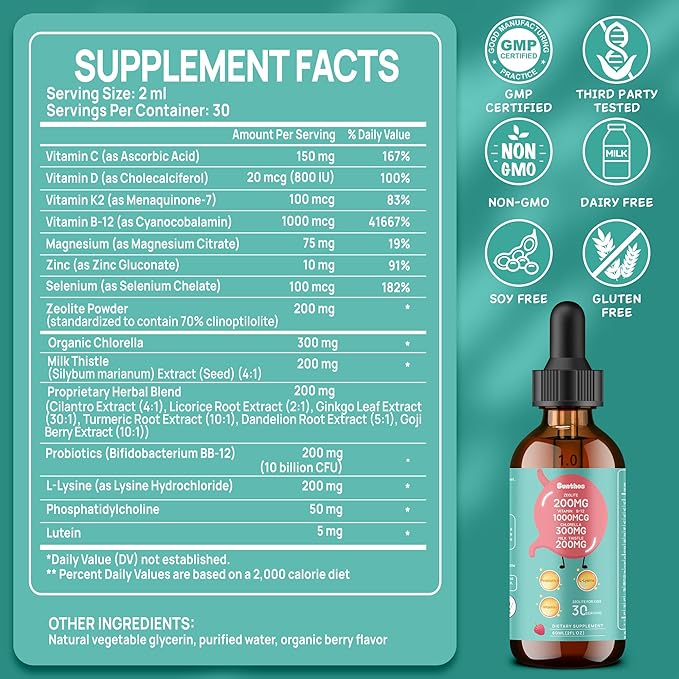 200mg Zeolite Detox for Kids & Adults, 20-in-1 Herbal Liquid with 300mg Chlorella, 200mg Milk Thistle, Cilantro, Vitamins & Probiotics Supports Speech, Cleanse, Immune & Gut Health, Berry Flavor, 60ML