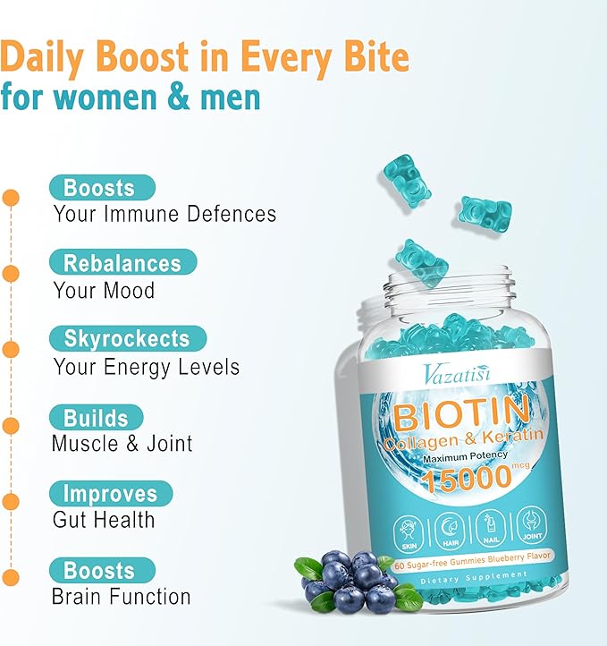 Biotin and Collagen Gummies with B12, Hair Skin and Nails Vitamins Gummies for Hair Growth, Glowing Skin & Strong Nails - Blueberry Flavor, Sugar Free, 60 Ct