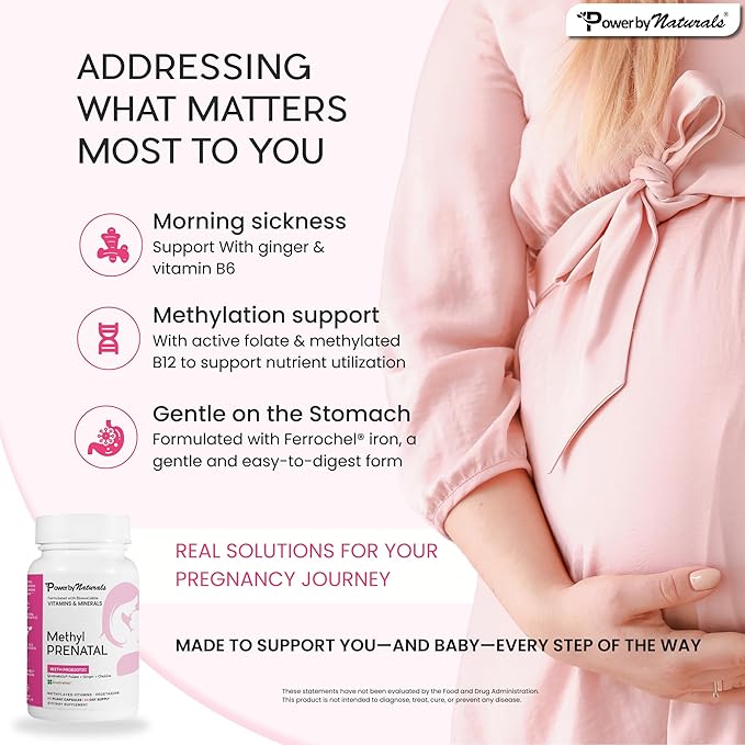 Power By Naturals Methyl Prenatal with Probiotics, Methylated Prenatal Vitamins for Women with Iron, B12, Choline, Ginger and 27+ Essential Nutrients, 60 Capsules