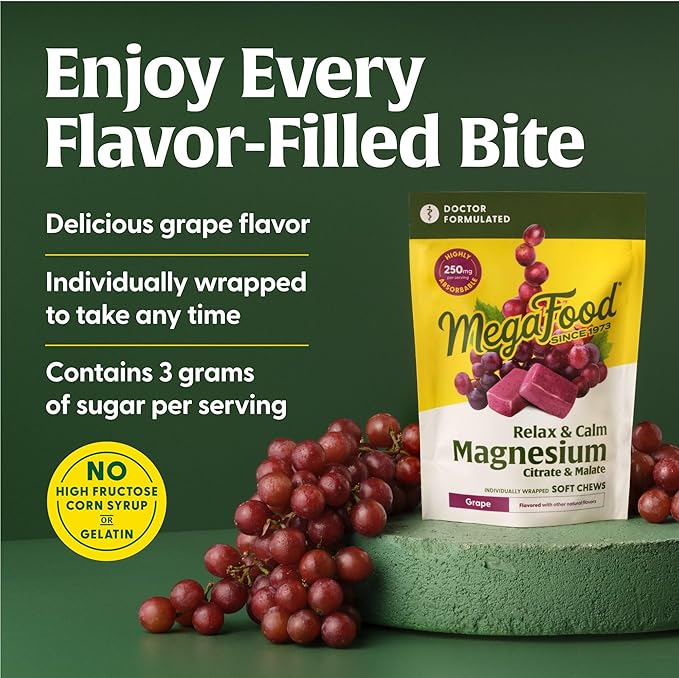 MegaFood Relax + Calm Magnesium Supplement - Soft Chews with Magnesium Citrate & Malate for Heart Health, Muscle Tension & More - Vegetarian - Grape-Flavor - 30 Chews (15 Servings)