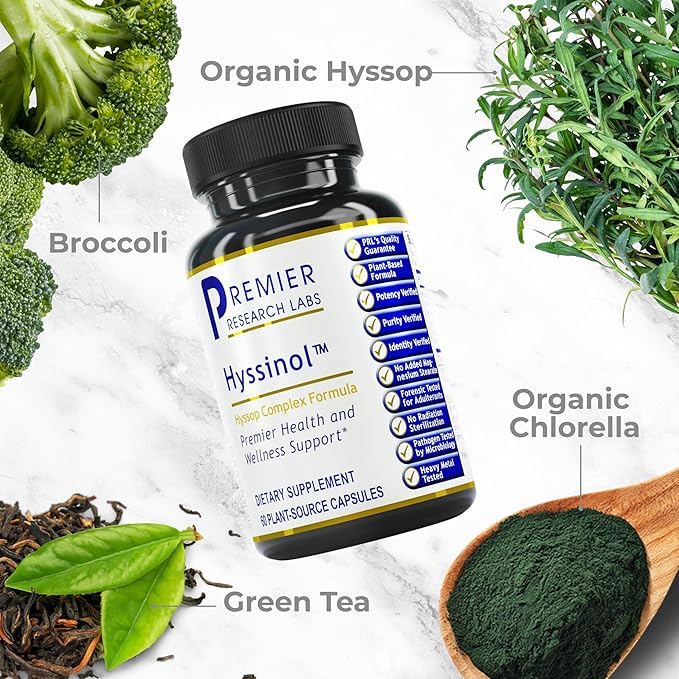 Premier Research Labs Hyssinol - Hyssop Herb, Hyssop Capsules, Wellness Pills with Organic Hyssop Dry Herb, Dietary Supplement with Green Tea, Antioxidant Support - 60 Vegetarian Capsules
