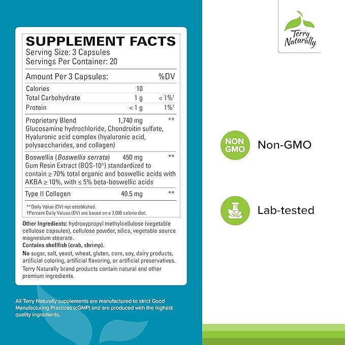 Terry Naturally Be Mobile - Collagen Supplement for Joint Health Support - Dietary Supplement with Boswellia Extract & Type II Collagen - Lower Back & Knee Support - 60 Capsules