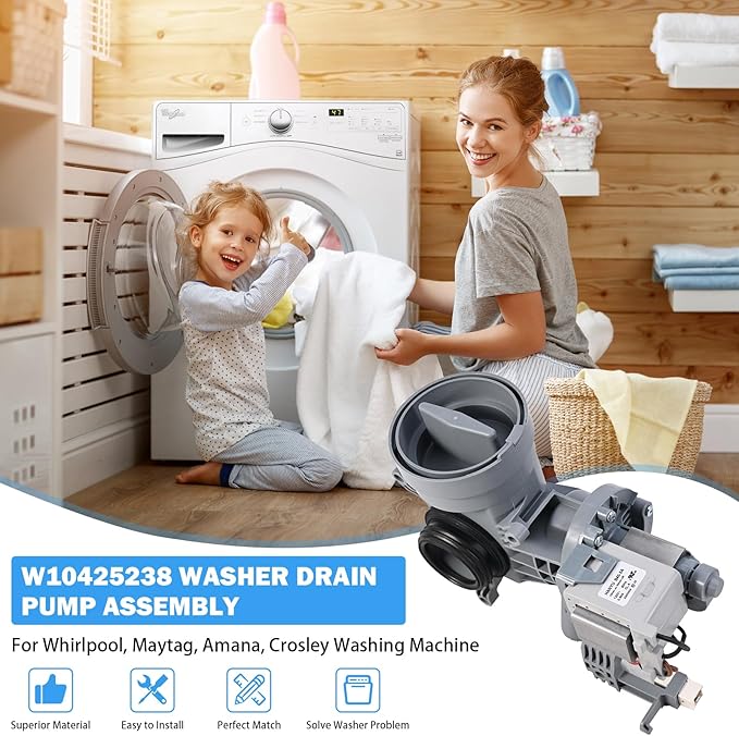 WPW10605427 W10425238 Washer Drain Pump Compatible with Whirlpool Duet Drain Pump Maytag Amana Crosley Washing Machine Replacement Parts W10605427 W10799064 W10799065 W10903216 W10918044 AP6023357