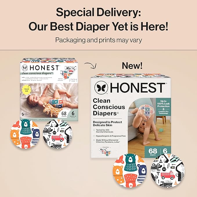 The Honest Company Clean Conscious Diapers for Delicate Skin | Up to 100% Leakproof | Hypoallergenic, Fragrance Free | Gender Neutral | Super Club Box, Size 6 (35+ lbs), 68 Count (Prints May Vary)
