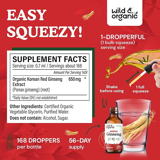 Wild & Organic Korean Panax Ginseng Extract Liquid - Red Ginseng Root Supplement for Overall Well-Being - Immune Support Drops - Vegan, Sugar & Alcohol-Free Tincture - 4 fl oz