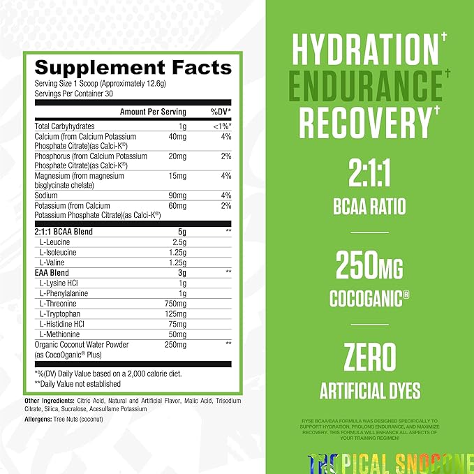 RYSE BCAA EAA Powder - Tropical Snocone - 5g Branched Chain Amino Acids, 3g Essential Aminos, Sugar-Free Electrolytes for Pre & Post Workout Muscle Recovery, Hydration and Strength - 30 Servings