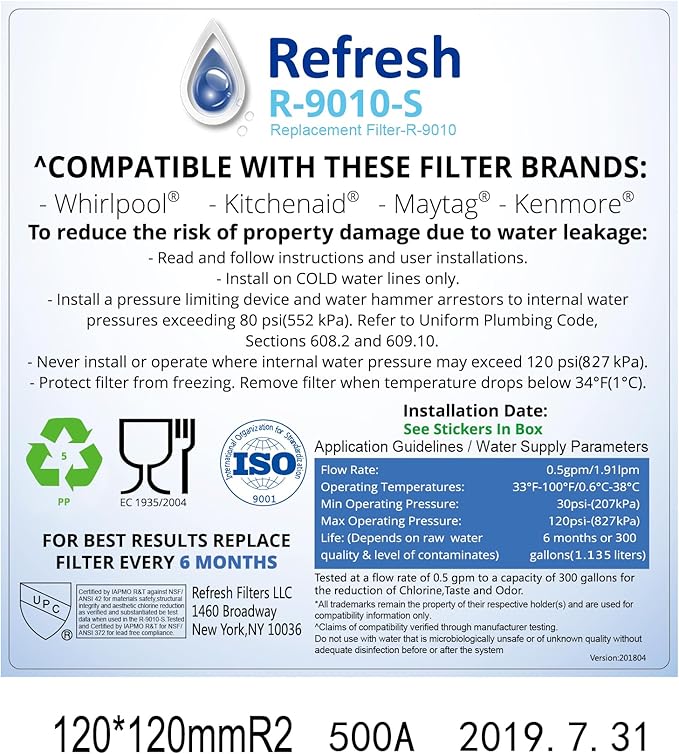 Refresh 9010 Replacement Refrigerator Water Filter for Whirlpool 4396508 / EDR5RXD1 / Filter 5