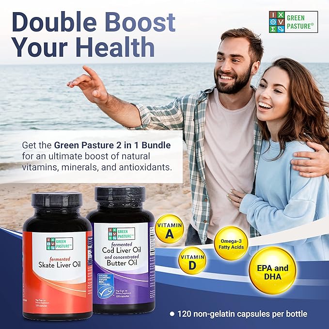 Green Pasture Bundle 120 Capsules Per Bottle - Fermented Cod Liver Oil with Butter Oil and Fermented Skate Liver Oil - With Vitamin A and D, EPA, DHA, Omega Fatty Acids - Non-Gelatin Fish Oil Capsules