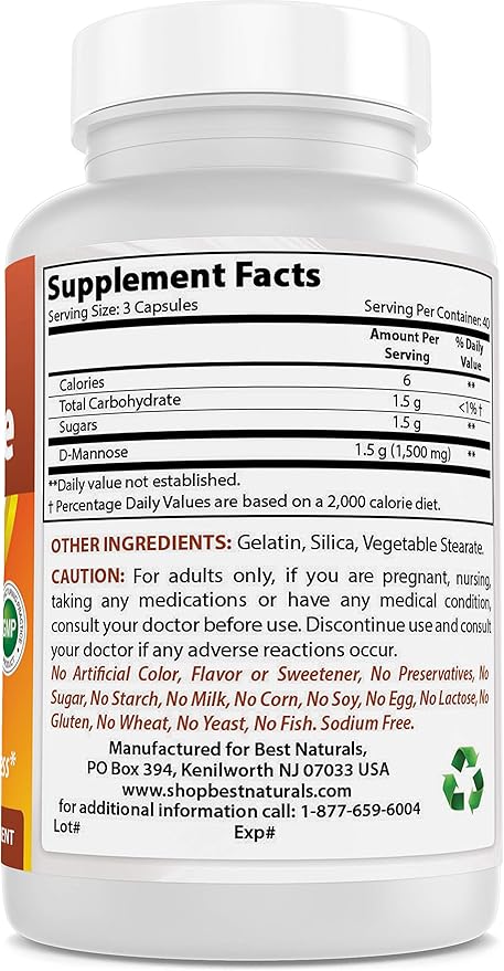 Best Naturals D-Mannose Capsules - Urinary Tract Cleanse Supplement 1500mg/Serving - 120 Count