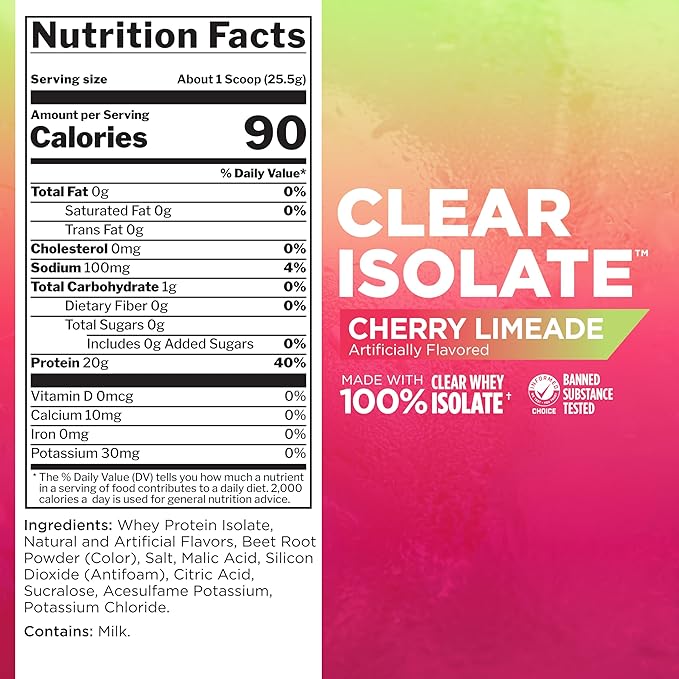 Rule 1 Clear Whey Isolate - 20g All-whey Isolate Protein, Over 9g EAAs, 300mg of Electrolyte Minerals, 90 Calories, Light, Crisp, and Refreshing Taste (27 Servings, Cherry Limeade)