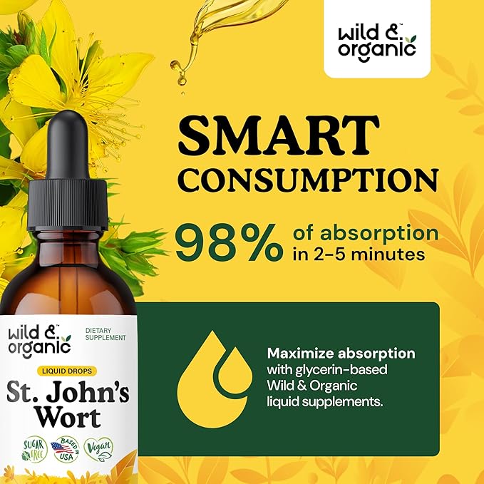 Wild & Organic St Johns Wort Tincture - Mood Support - Relaxing St. John's Wort Supplement - Liquid Hypericum Perforatum Herb Drops - Vegan, Sugar & Alcohol-Free - 2 fl oz