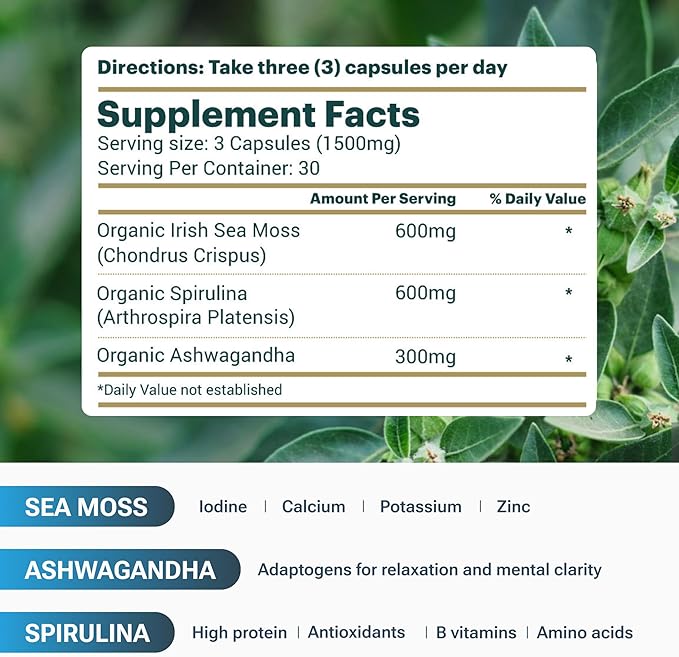 Sea Moss with Spirulina and Ashwagandha Blend Capsules, Mood, Immune Support & Stress Relief, Micro Ingredients & Antioxidants Source โ Non-GMO, Vegan Superfood Supplement, 90 Count