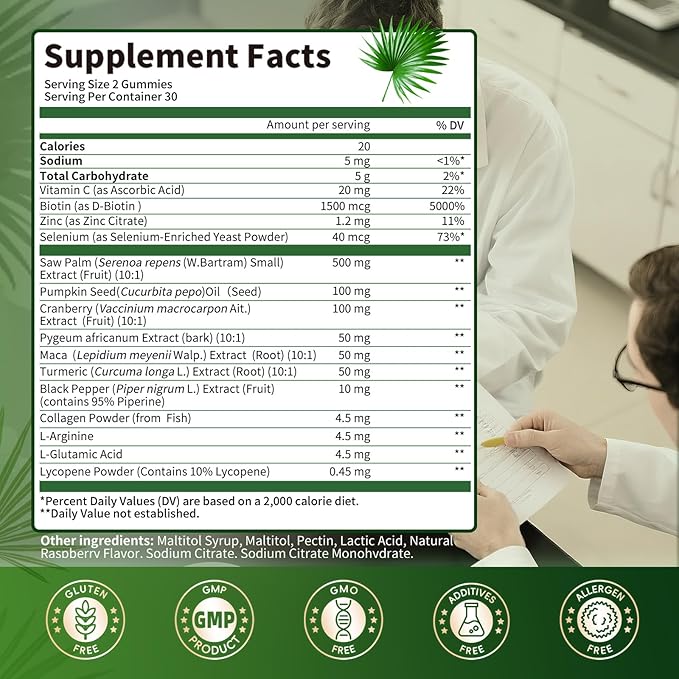 Saw Palmetto for Men & Women, 15 in 1 Saw Palmetto Extract Gummies with Pumpkin Seed Oil, Prostate Health Supplements for Men, Advanced DHT Blocker, Hair & Urinary Health Support, 2 Pack