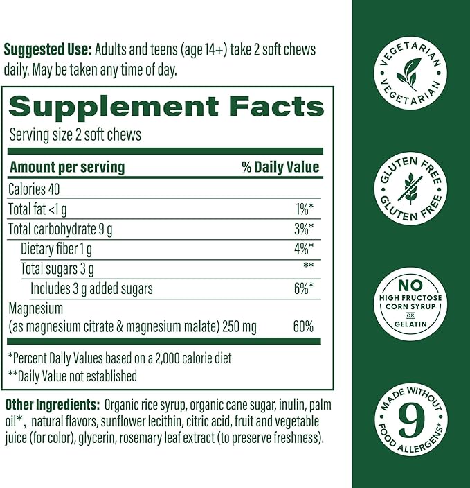 MegaFood Relax + Calm Magnesium Supplement - Soft Chews with Magnesium Citrate & Malate for Heart Health, Muscle Tension & More - Vegetarian - Grape-Flavor - 30 Chews (15 Servings)