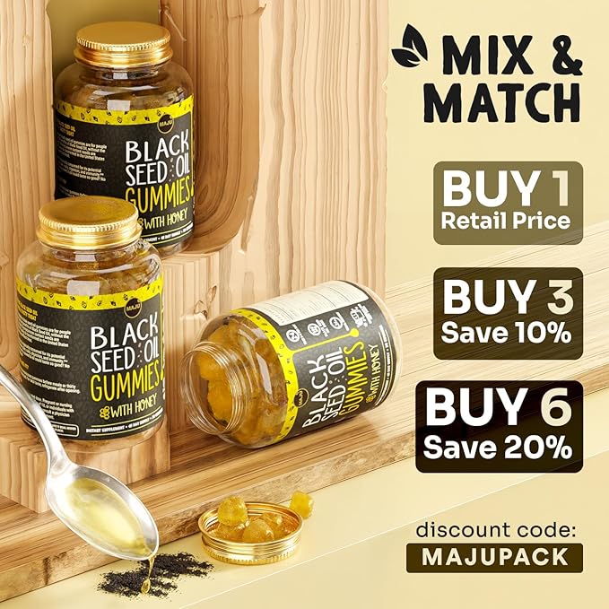 MAJU's Black Seed Oil Gummies with Honey 90ct, 500mg BSO Gummy, Black Cumin Seed Nigella Sativa Oil, Cold-Pressed, Potent Formula, 90ct