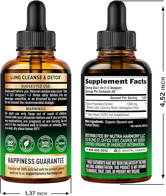 Mullein Drops for Lungs - USDA Organic Liquid - Mullein Leaf Extract Supplement - Made in USA - Lung & Bronchial Cleanse for Smokers - Respiratory Health Support - As Tincture, Tea, Pills - 2 fl oz