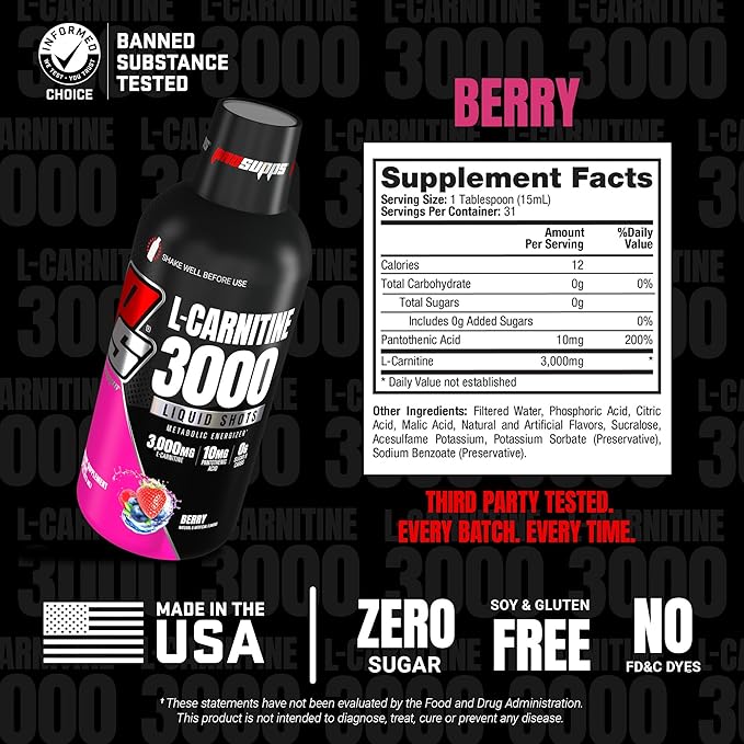 PROSUPPS L-Carnitine Liquid 3000, Stimulant-Free Liquid Shots for Men & Women - Clean Workout Drink for Energy, Performance & Muscle Recovery - No Sugar, No Carbs - 31 Servings, Berry