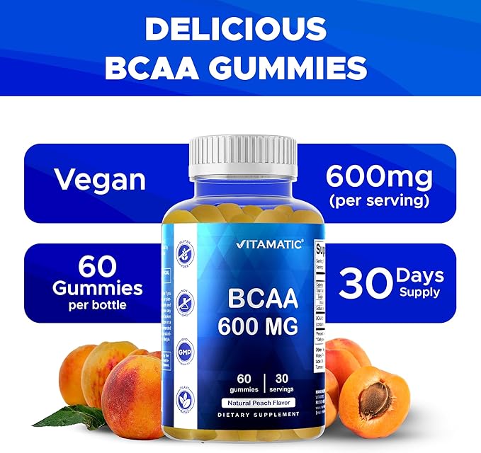 Vitamatic BCAA Gummies - Branch Chain Amino Acid Supplements - Peach Flavor - 600mg per Serving - 60 Vegan Pectin Based Gummies (1 Bottle)