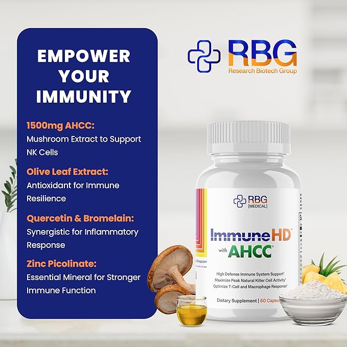 Immune HD with AHCC Supplement for Immune Support,1500mg of AHCC + Olive Leaf Extract & Quercetin with Bromelain, Maintains Natural Killer Cell Activity for Immune System, 60
