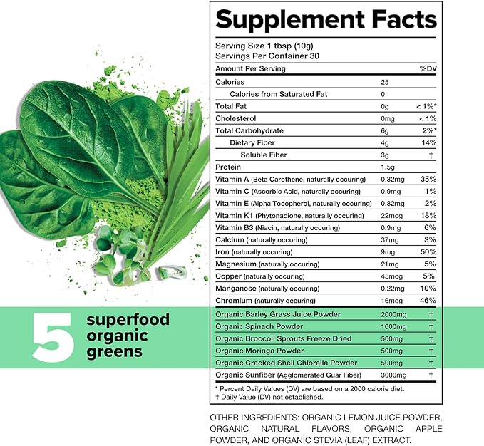 Complement Daily Greens Powder, Super Greens Powder Superfood- Wholefoods, Organic Chlorella Powder, Barley Grass Juice Powder, Broccoli Sprouts- Immune Support, Brain Health, Metal Detox- 30 Servings
