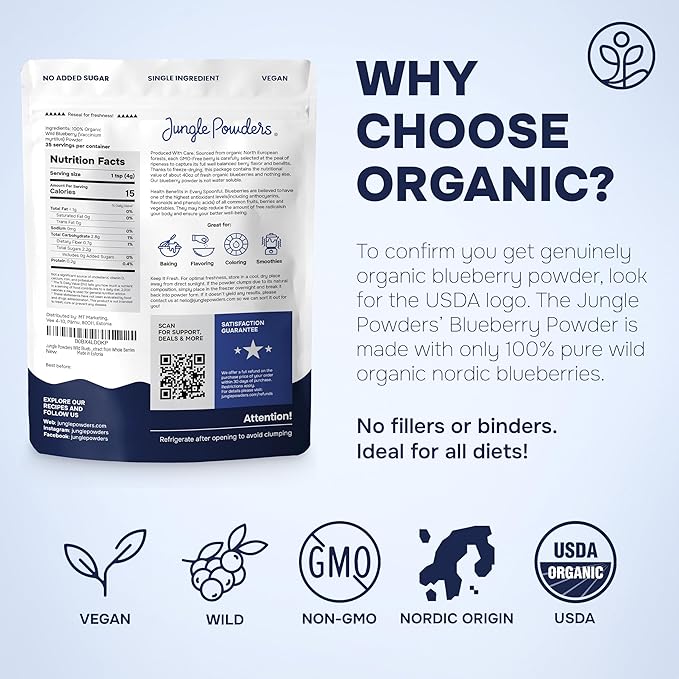 Jungle Powders Wild Blueberry Powder Organic 5 Ounce Bag USDA Certified - Antioxidant Rich Smoothies Freeze Dried Blueberries Organic Blueberry Extract for Baking From Whole Dried Organic Blueberries