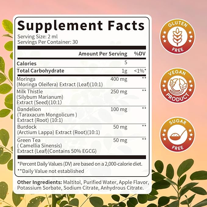 Milk Thistle Liver Detox Drops Apple Flavor โ Liver Cleanse Detox & Repair with Moringa, Dandelion, Burdock & Green Tea โ Herbal Liquid Supplement for Liver Support & Liver Health, Vegan, 2 Fl Oz