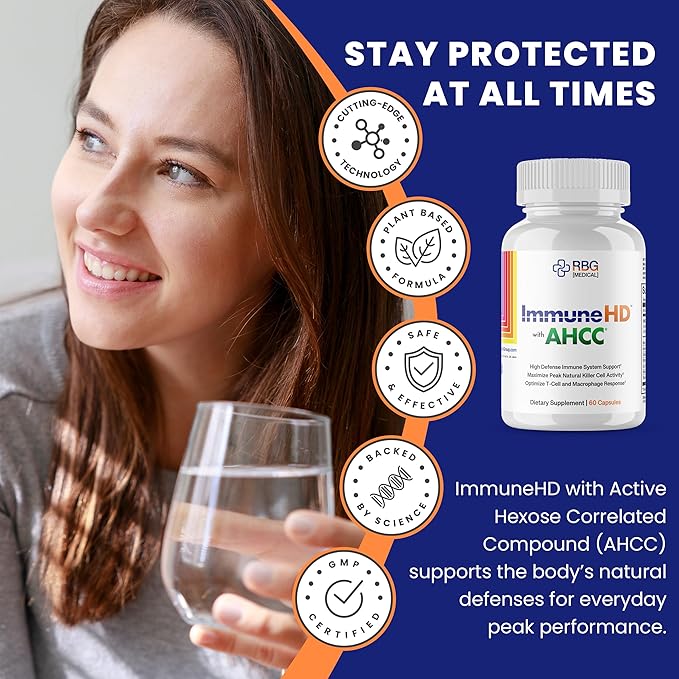 Immune HD with AHCC Supplement for Immune Support,1500mg of AHCC + Olive Leaf Extract & Quercetin with Bromelain, Maintains Natural Killer Cell Activity for Immune System, 60
