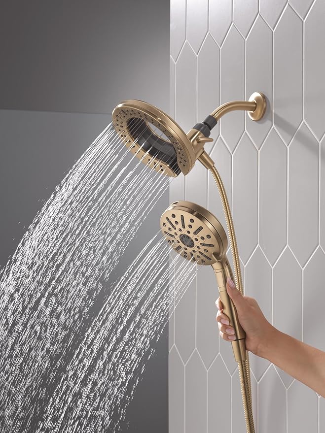 Delta 6-Setting In2ition 2-in-1 Dual Shower Head with Handheld High Pressure ProClean Spray, Brushed Gold Detachable Shower Head with Hose, 1.75 GPM Flow Rate, Champagne Bronze 75655CZ
