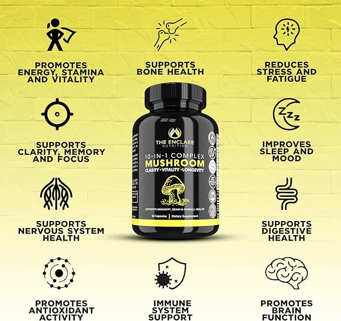 THE ENCLARE NUTRITION Mushroom Supplement 10in1 Complex Immune Support Lions Mane, Reishi, Turkey Tail, Cordyceps, Chaga, Maitake, Shiitake, Agaricus: Nootropic Brain, Energy Booster (1)