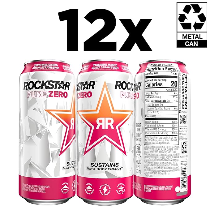 Rockstar Pure Zero Energy Drink, Tangerine Mango Guava Strawberryh, 0 Sugar, with Caffeine and Taurine, 16 Fl Oz (Pack of 12) (Packaging May Vary)