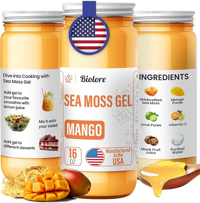 Sea Moss Gel - Mango 16oz, Wildcrafted Irish Seamoss with Essential Vitamins & Trace Minerals, Vegan Superfood Made in USA