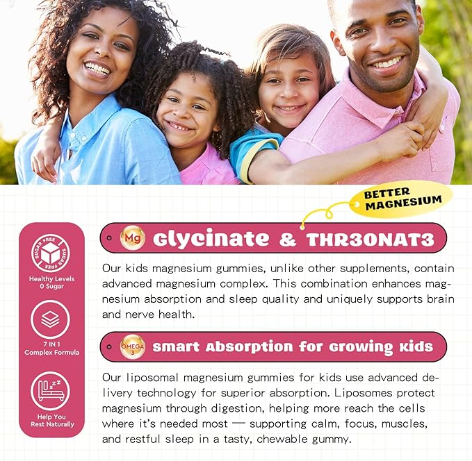 Liposomal Kids Magnesium Gummies- Magnesium Glycinate Gummies for Kids Supplement-w/Omega-3, Vitamin B6, D3- Support Calm Stress Relief, Bones, Mood, Peach & Mango Flavor, 60 Count