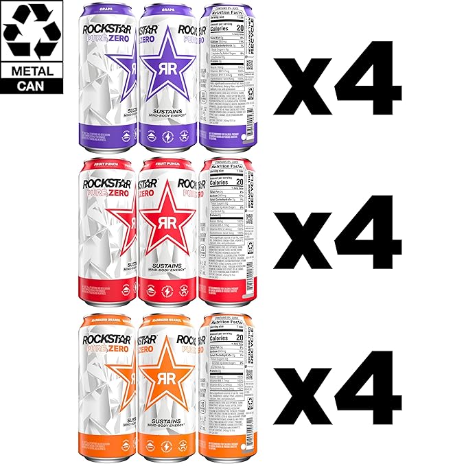 Rockstar Pure Zero Energy Drink,3 Flavor Pure Zero Variety Pack 2, 0 Sugar, with Caffeine and Taurine, 16oz Cans (12 Pack) (Packaging May Vary)