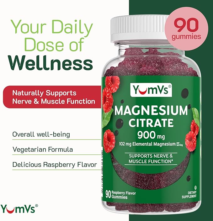 YUM-V'S Magnesium Citrate Gummies – 900mg Highly Absorbable Magnesium Gummies for Women & Men to Support Nerve, Muscle & Enzyme Function – Gluten-Free, Kosher & Raspberry Flavor (90 Count)