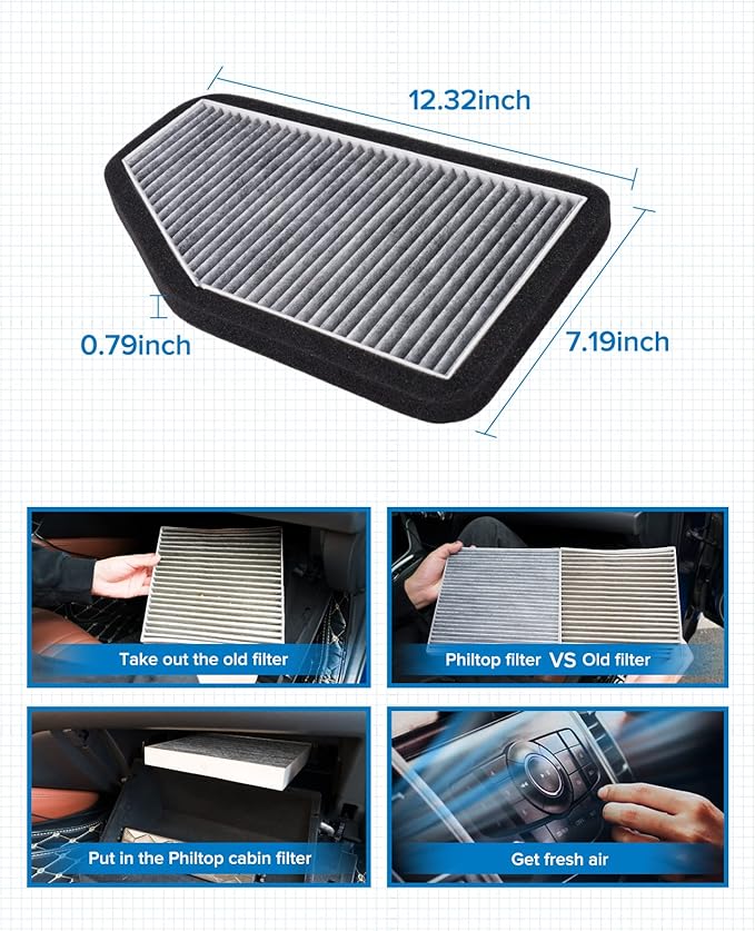 PHILTOP Cabin Air Filter, ACF070 (CF10548) Replacement for Escape 2007-2012, Tribute 2008-2011, Mariner 2007-2011 Passenger Compartment Air Filter with Activated Carbon, Filter Up Dust Pollen