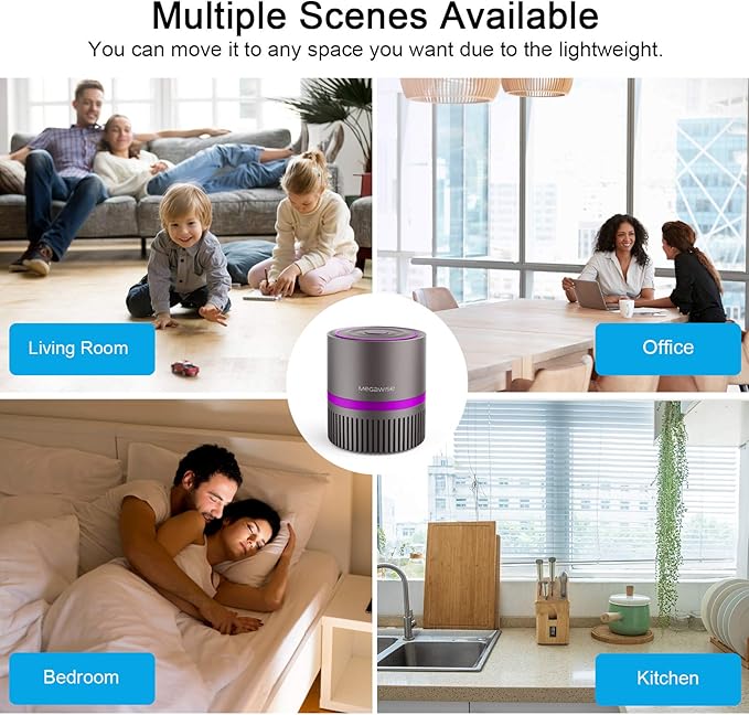 MEGAWISE Air Purifier for Home Bedroom Small Room Office, 3-IN-1 Filtration Air Cleaner for Smoke, Dust, Pet Dander, 100% Ozone Free, Available for California