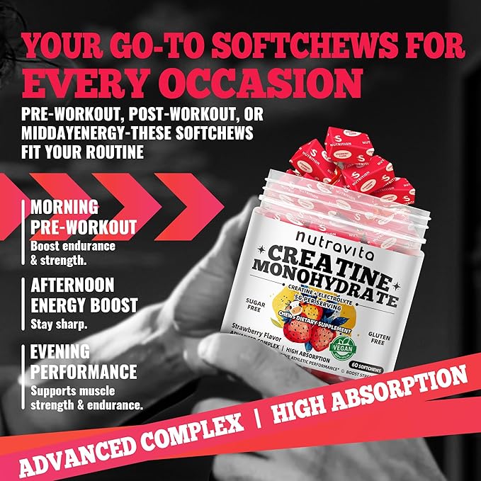 Creatine Monohydrate Chews (5g) – Pre-Workout Energy & Muscle Growth Support for Men & Women | Strawberry Electrolyte Gummies (60 Count)