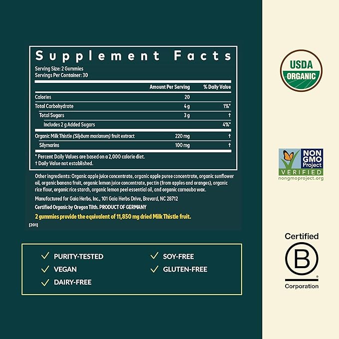 Gaia Herbs Milk Thistle Gummies - Herbal Supplement with Antioxidant Properties for Liver Health & Liver Detox - Lemon Flavored - 60 Vegan Gummies