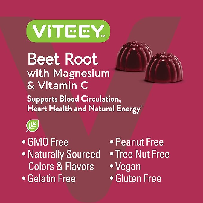 Viteey Beet Root Gummies with Magnesium & Vitamin C - Beetroot Supplement for Heart Health, Blood Pressure Support - Vegan, Gluten-Free - 60 Count
